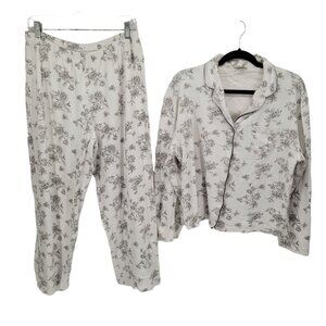 Starialle womens large white floral pajama long sleeve button up pant set Cotton